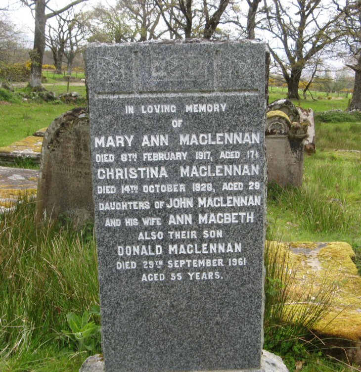 Photo of headstones/Mary Ann MacLennan d 1929 hdstn Kinlochewe old chyd